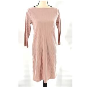 Eileen Fisher Textured Stretch Rib Dress XS Pink Boatneck Sheath Capsule